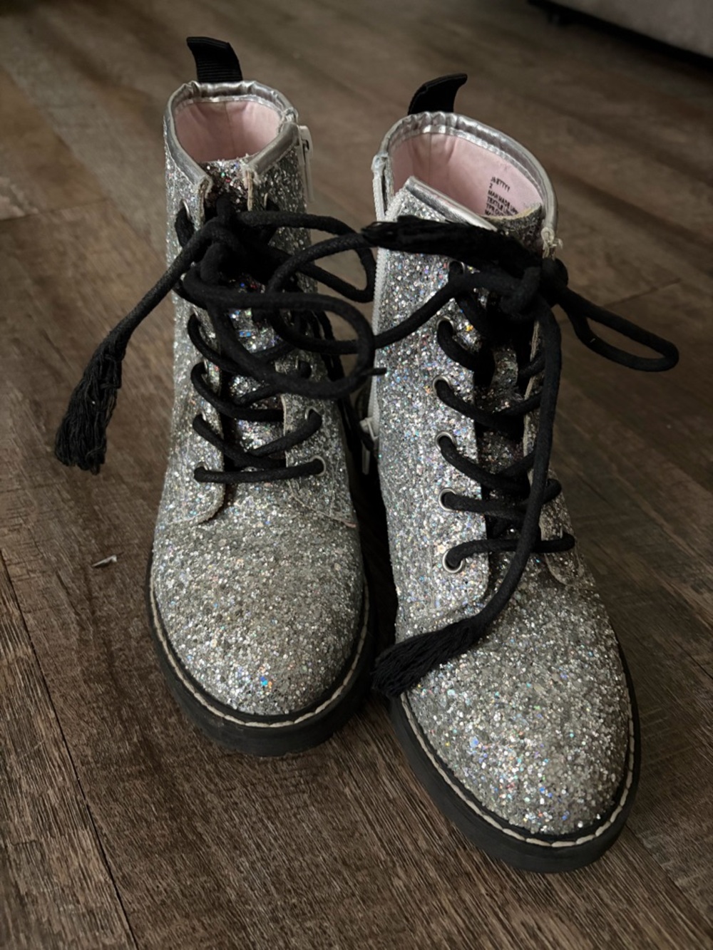 Steve Madden Girls Silver Glitter Lace-Up Combat Boots - Picture 6 of 11